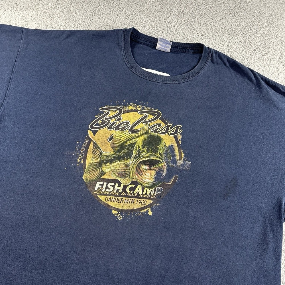 Vintage Gander Mountain Fishing Shirt Mens‎ 2x Blue Graphic Big Bass Outdoors